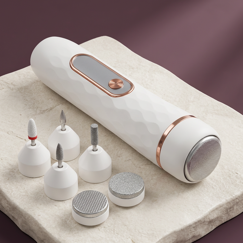 White electric callus remover with attachments product ad